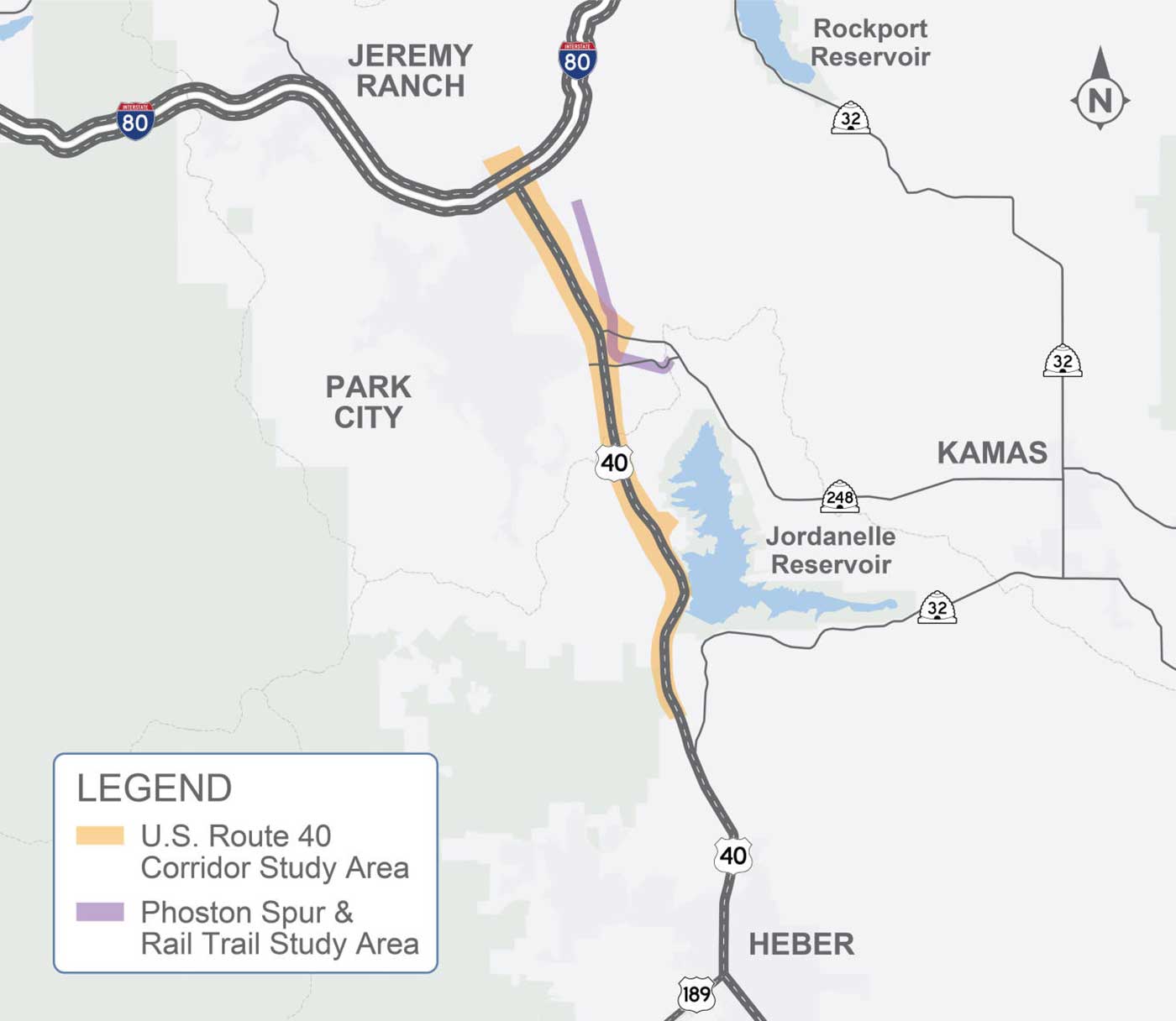 U.S. Route 40 Study map, highlighting the U.S. Route 40 Corridor Study area from the I-80 junction to north of SR-32, and the Phoston Spur & Rail Trail Study area along the east side of US-40 from Silver Summit to SR-248