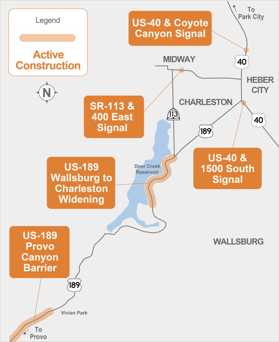 Heber Valley Improved project map, highlighting active construction on US-189 Wallsburg to Charleston Widening and US-189 Provo Canyon Barrier, as well as additional projects US-40 & Coyote Canyon Signal, SR-113 & 400 East Signal, and US-40 & 1500 South Signal.