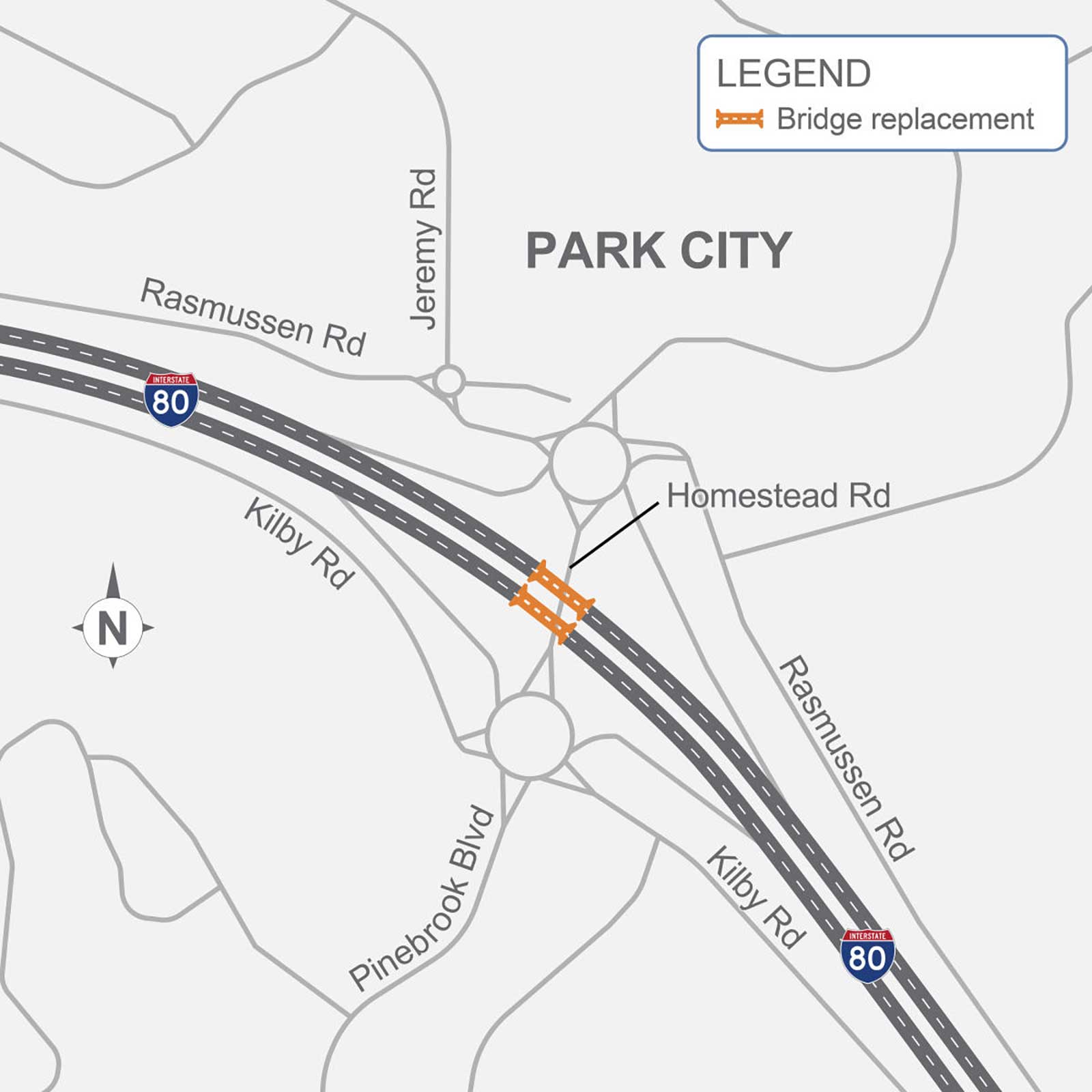 Jeremy Ranch Bridges Reconstruction project map, highlighting the eastbound and westbound I-80 bridges over Homestead Road between the roundabouts.