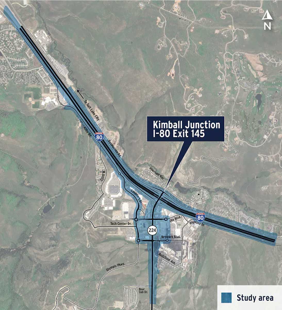 Kimball Junction Environmental Impact Statement map, highlighting the section of I-80 around Kimball Junction (Exit 145), the section of SR-224 south to Bear Cub Drive, Landmark Drive, and the roundabouts at Ute, Newpark, Olympic, and Tech Center.