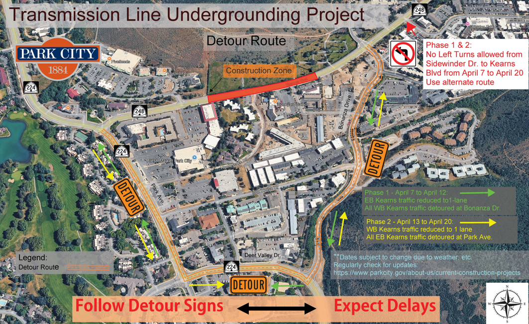 Transmission Line Undergrounding Project map showing the construction zone on SR-248 south of Park City Cemetery and the detour route along Bonanza Drive, Deer Valley Drive, and Park Avenue.
