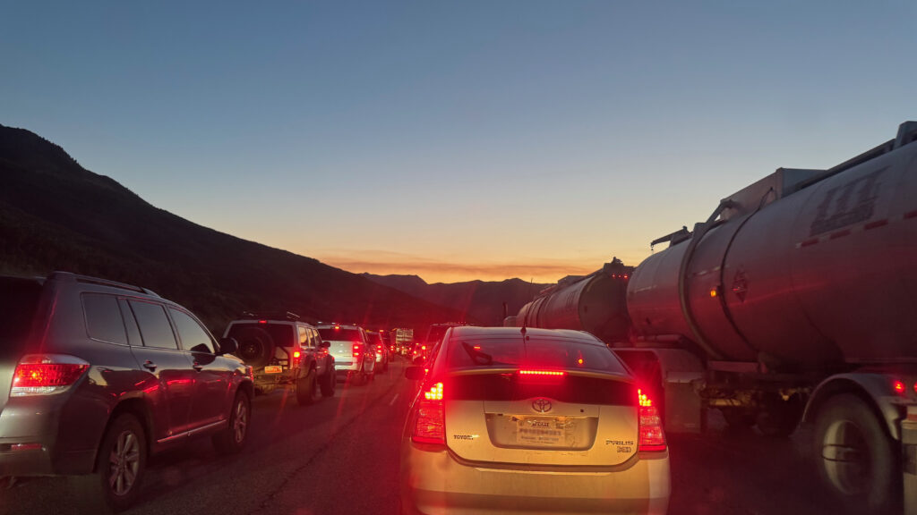 Cars sit in traffic in Parleys Canyon.