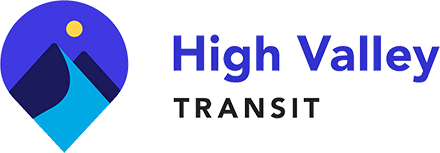 High Valley Transit logo, with blue mountains and yellow sun in a teardrop shape.