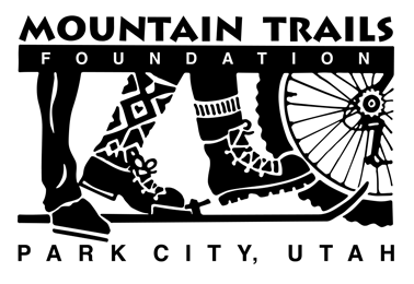 Mountain Trails Foundation logo, with a horse hoof, cross-country ski, hiking boot, and bike tire with text "Park City, Utah".