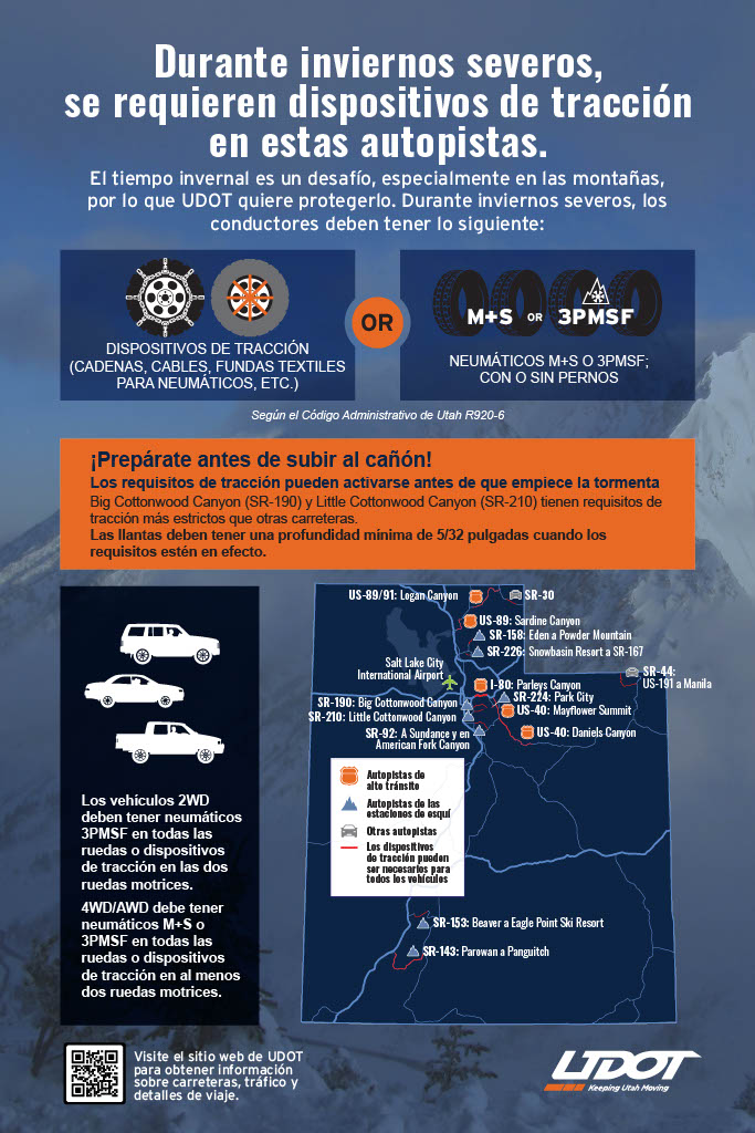 A flyer illustrating Utah traction device requirements, including types of traction devices, types of vehicles, and a map of roads where the law can go into effect.