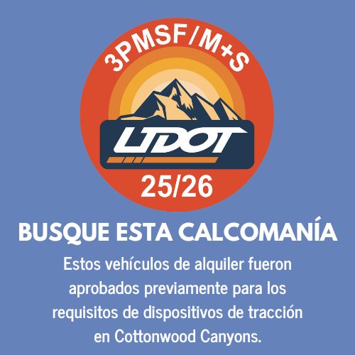 UDOT sticker con "3PMSF/M+S" y "25/26" indicando vehículos de alquiler aprobados para Cottonwood Canyons