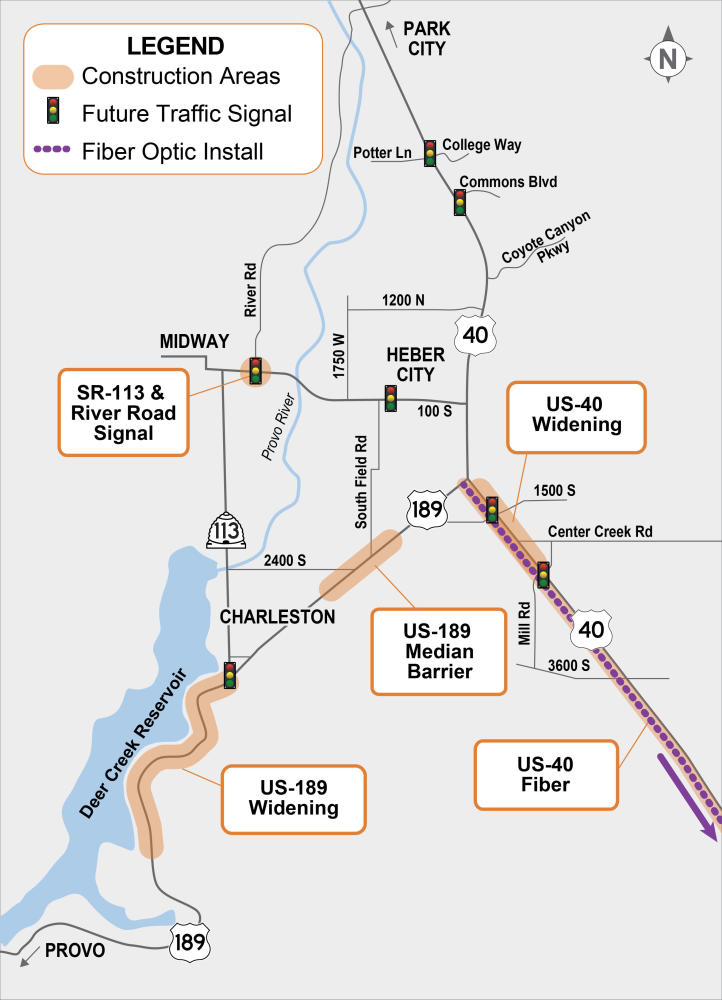 Map showing locations of active UDOT construction projects in Heber Valley for the 2026 construction season.